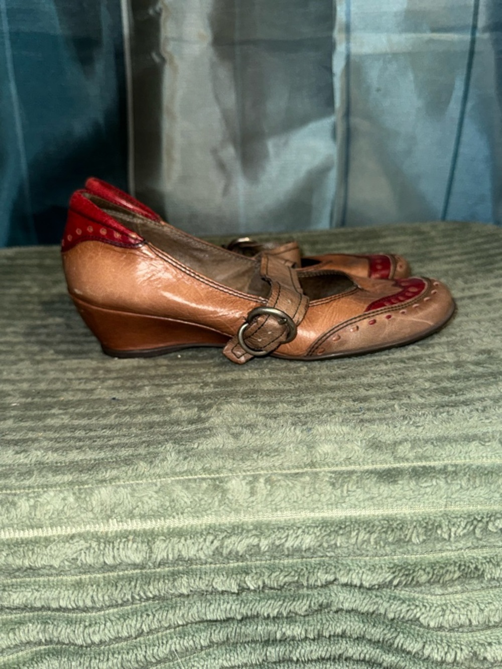 Brown Leather Wedge Mary Jane with Red Accents